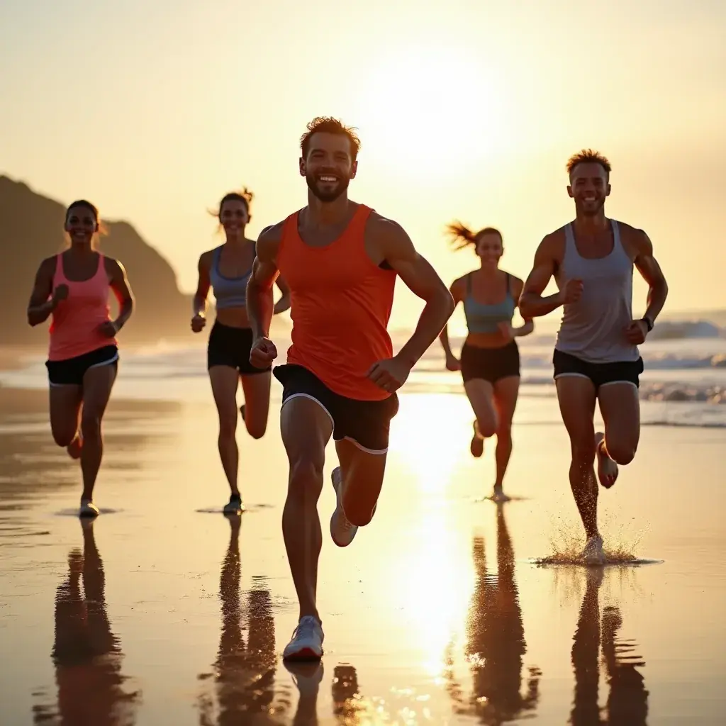 Vista aérea de una clase de HIIT con diversas estaciones de entrenamiento.