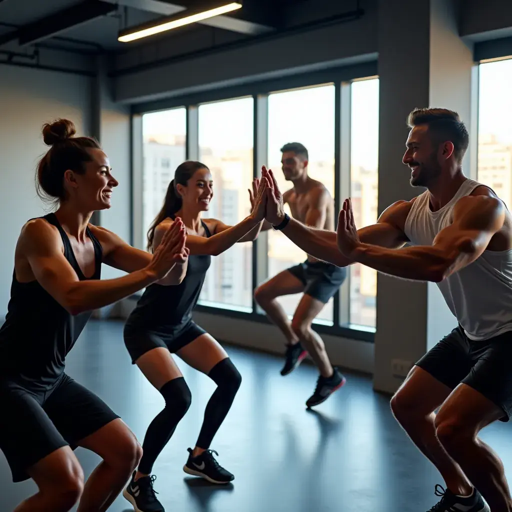 Participantes animándose mutuamente durante una sesión de cardio intenso.