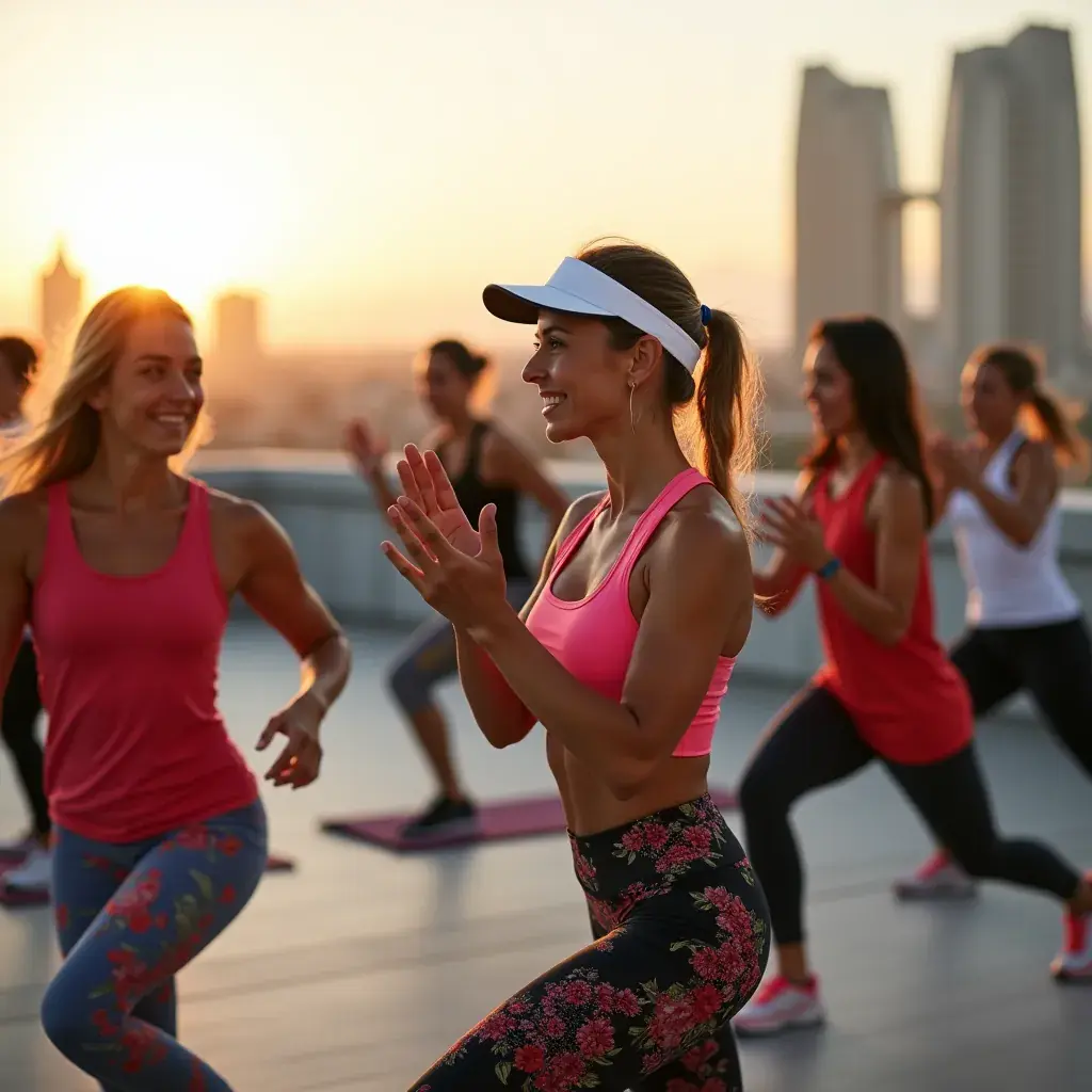 Equipo de entrenamiento, como colchonetas y pesas, dispuesto para la clase.